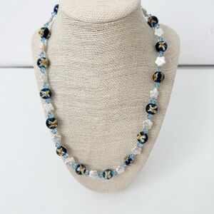NWT Genuine Murano Glass, Pearls & Crystal Beads Necklace Blue Black